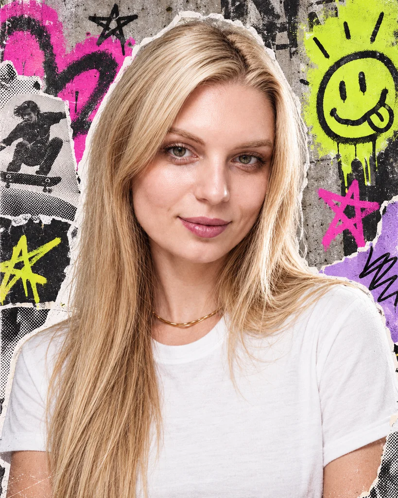 Kateryna Mishchuk in a white T-shirt, with a colorful graffiti collage