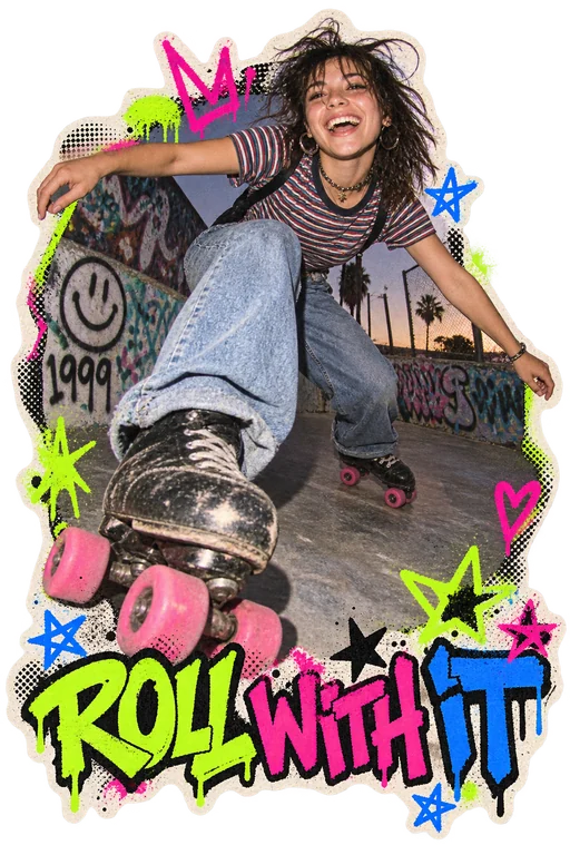 ROLL WITH IT. A laughing roller skater in baggy denim, photographed with flash at a tagged skate spot.