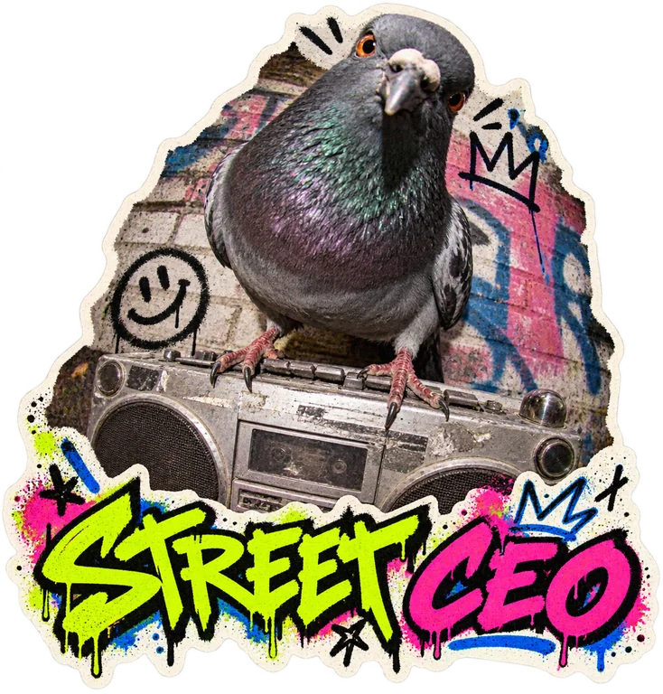 STREET CEO. A fisheye pigeon photo on a boombox, with a tagged brick wall and graffiti lettering.